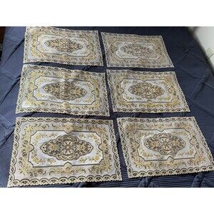 Vintage Vinyl Placemats Set of 6 Fancy Cut Out Gold Ivory Design 12" x 18"